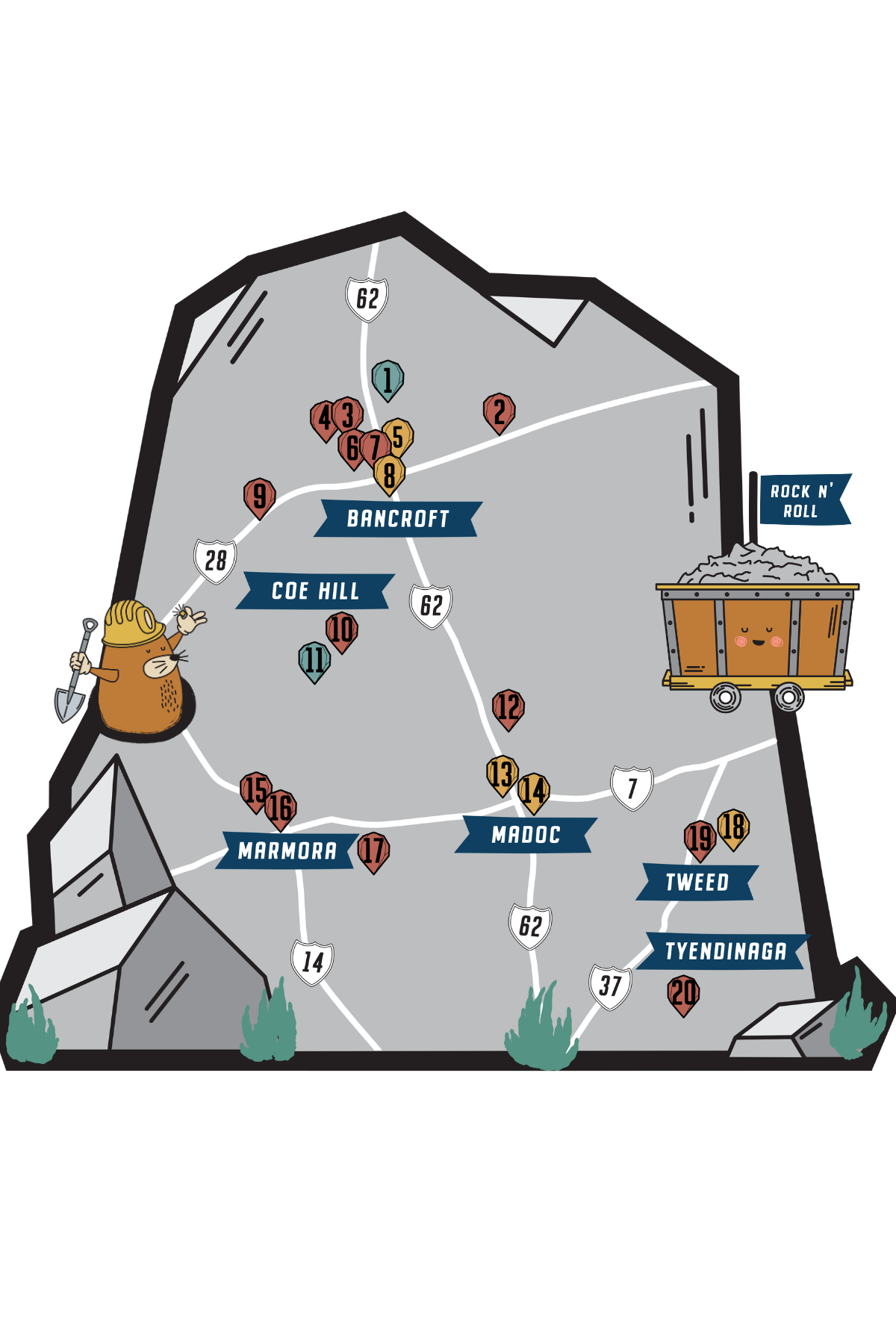 Stylized map of mineral rockhounding locations. Not an accurate representation