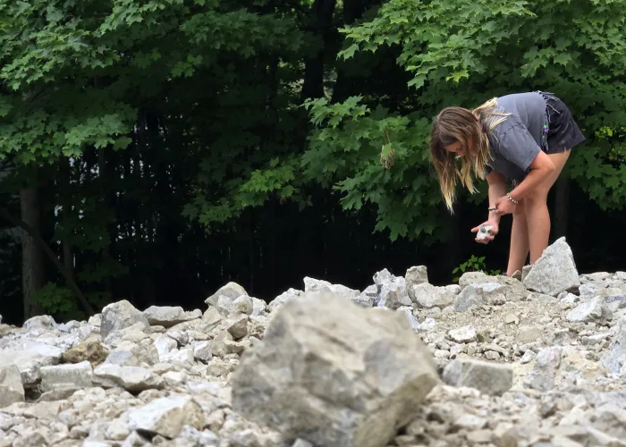 Girl looking for rocks with trees in the background.