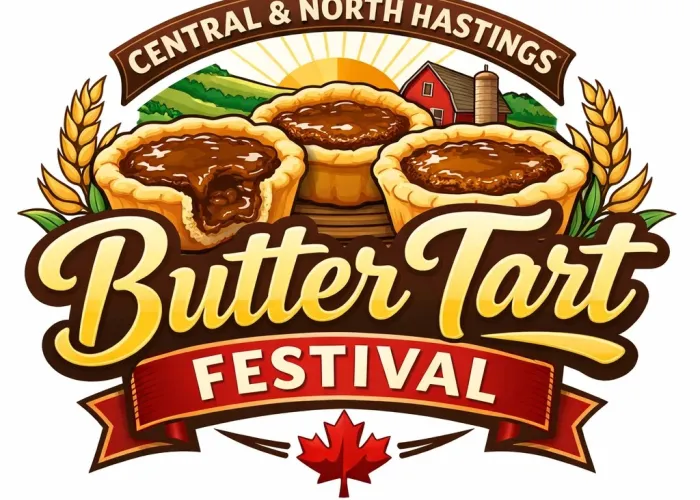 Butter tarts, cartoon sunset, red barn, event title in stylized writing