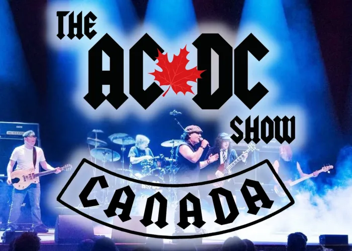 Show name over image of ACDC band members on stage