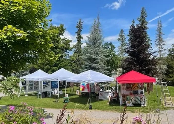Canopies in a outdoor space under a blue sky, art in the park