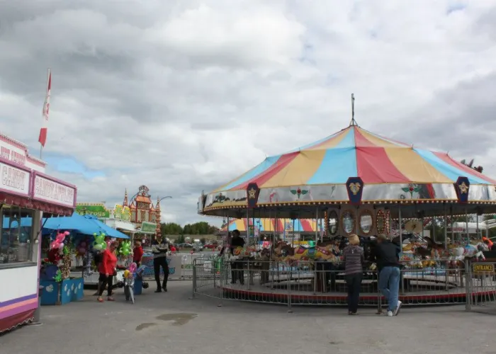 Cotton candy vendor, carousel, people enjoying the fair outdoors