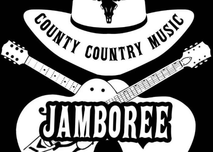White cowboy hat with cattle scull two crossed guitars and event title