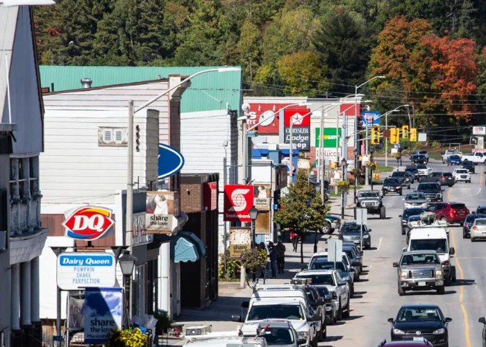 Downtown Bancroft. A picture of the downtown road running through Bancroft with cars and businesses.