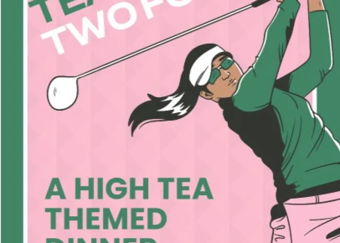 Golfer swinging club, title of event, tea cup in air