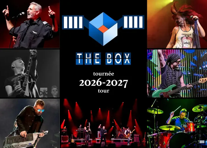 Close of images of each of the band members on stage, one group picture of the band on stage, band and tour name
