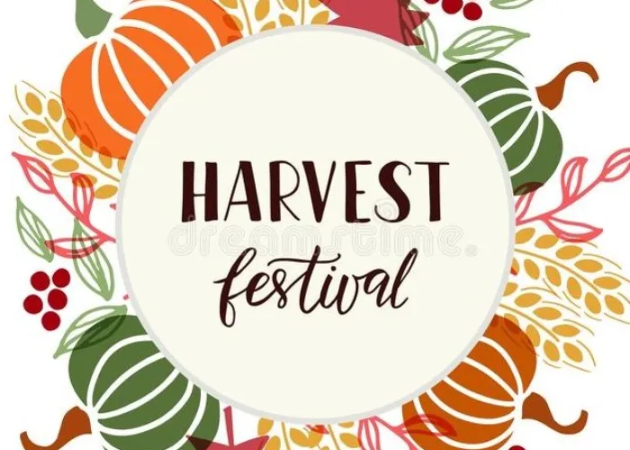 Cartoon pumpkins, gourds, wheat, maple leaves, grapes, in circle around event name