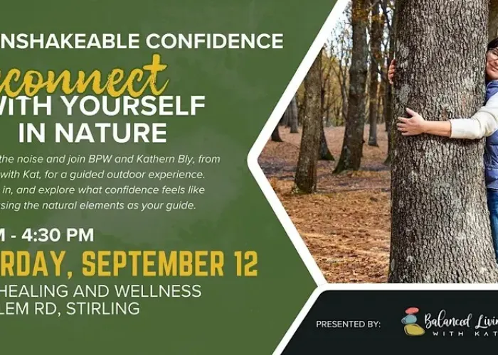 Event details, person in forest hugging a tree