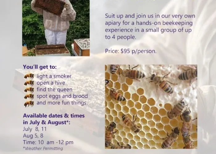 Beekeeper in suit holding honey comb, bees on honey comb, event details