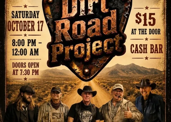 AI image, five band members of dirt road project standing in front of image of desert road going into the distance, event details