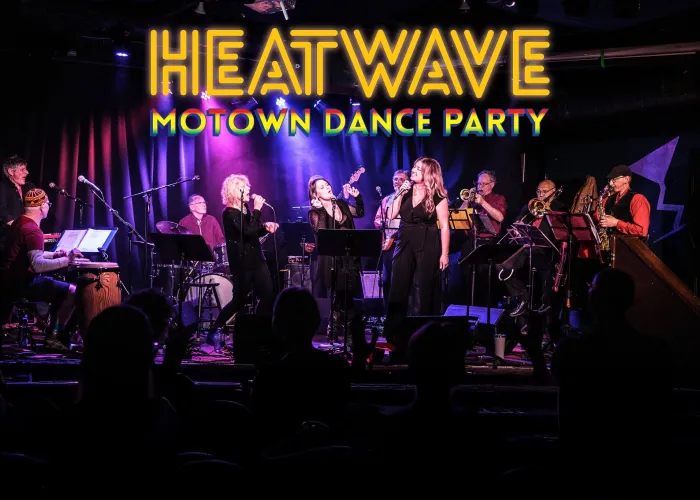 Heatwave performing on dimly lit stage, name of group above them