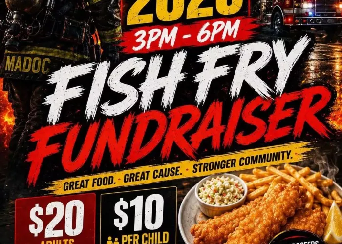 AI poster, firefighter in in uniform, fire truck, fried fish and fries on a plate, event details