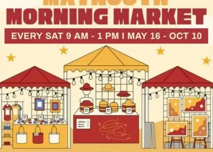 Cartoon image of three market stalls with different wares, yellow red colour scheme, event details and name