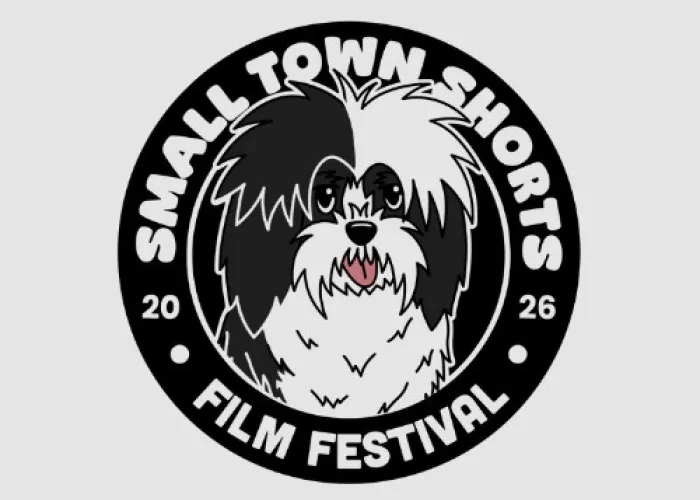 Name of event, image of shaggy dog inside of a black circle, white background and white writing