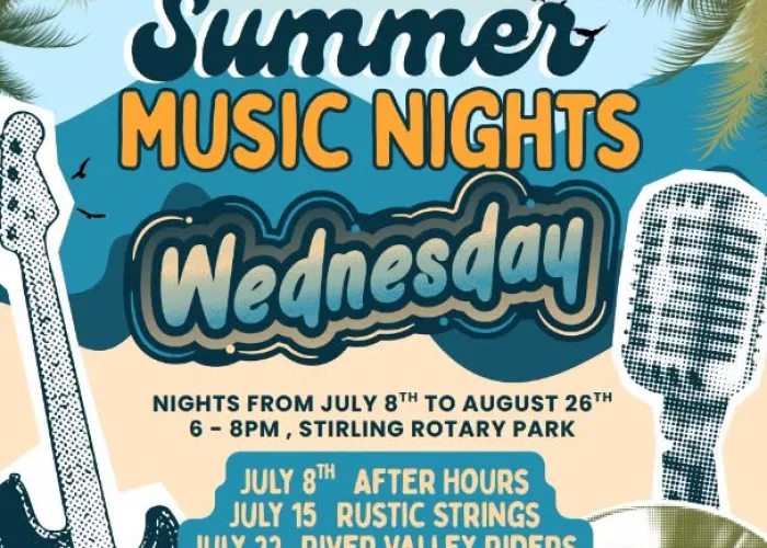 Image of guitar, cd, microphone, palm trees, stirling rawdon logo, band line up