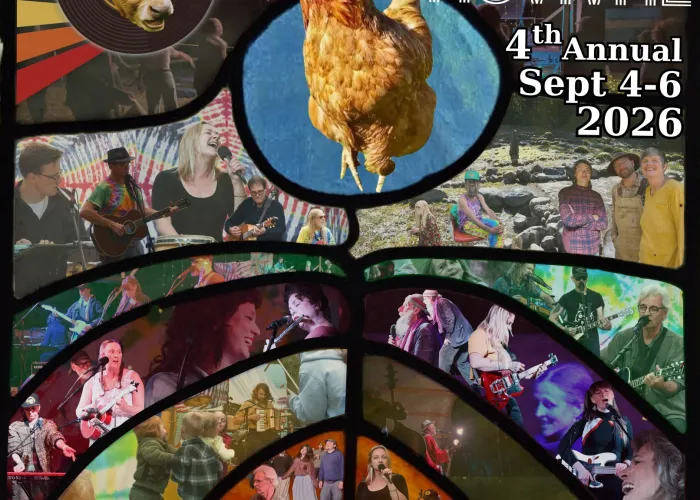 Event title and dates, picture of chicken, cow, and photos from previous years of the event including performers and attendees