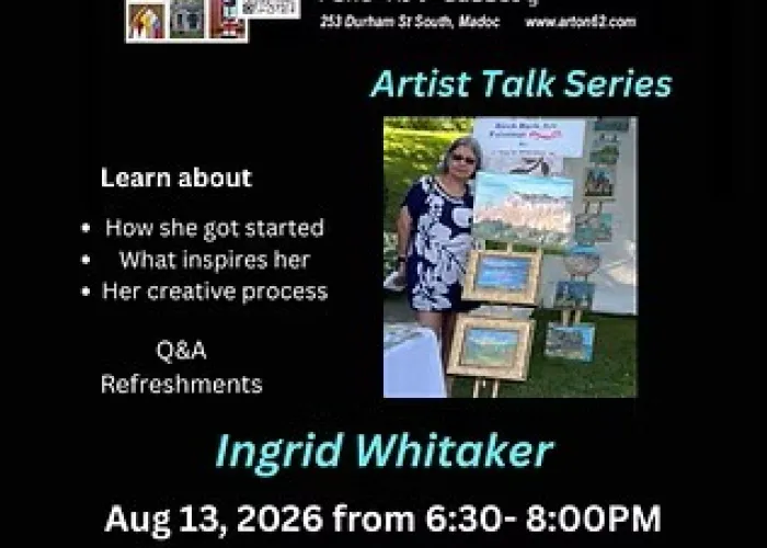Black background, gallery and event details, photo of artist with one of her works