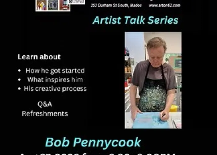 Black background, gallery and event information, photo of artist at work