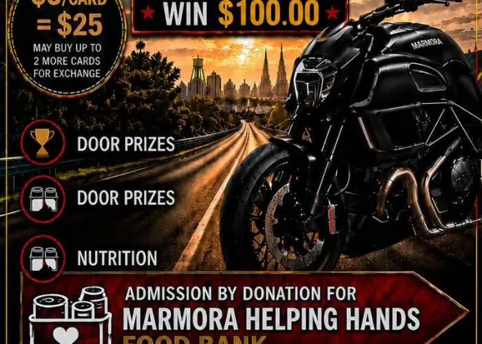 graphic of motorcycle on paved road, trees and buildings in background, event details