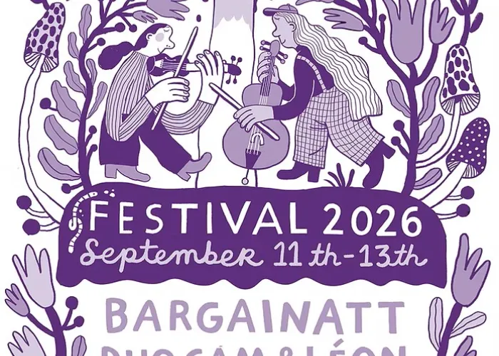White background, purple image and writing - details of event, two musicians playing cello and violin, mushrooms, plants