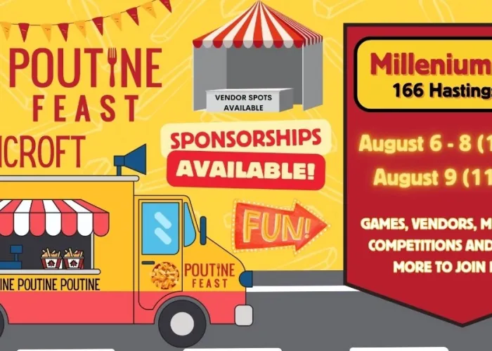 Cartoon poutine food truck with beaver on it, banner, poutine, vendor tent, event details