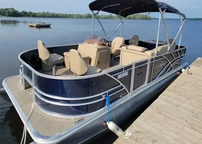 Pontoon boat docked in the water