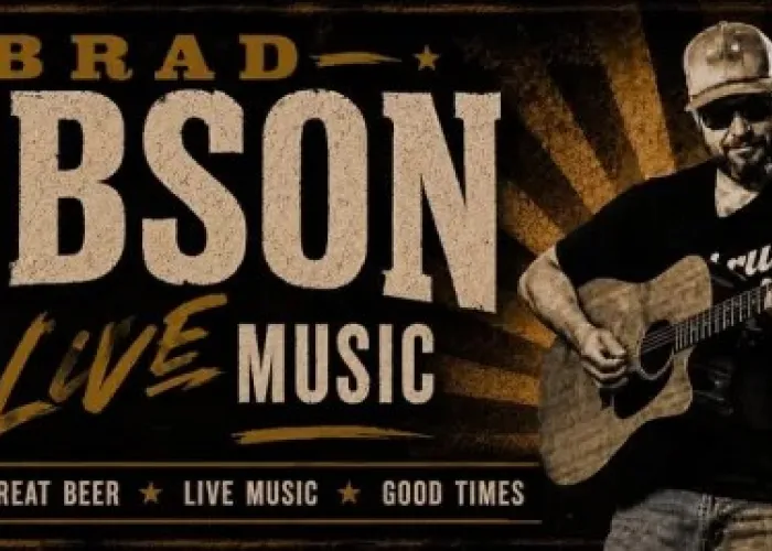 Black background, Brad Gibson in black and white playing guitar, venue logo, event title