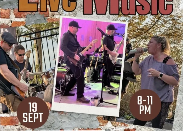 Three different photos of band members performing outdoors, event and venue details, band and venue logo