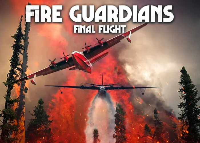 Two propellor planes dropping water on a forest fire, smokey sky