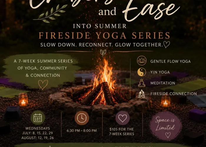 Camp fire in centre, candles in jars on either side, embers in air, yoga mats around fire, event details