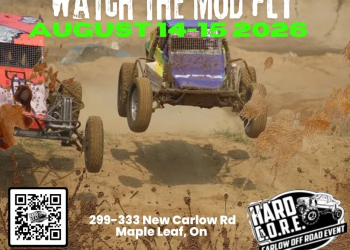 Two dune buggies in the air, event name and date, QR code