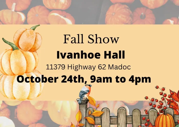 Pumpkins in container in background, cartoon fence with fall coloured leaves , pumpkin, and bird in foreground, event details in centre of page