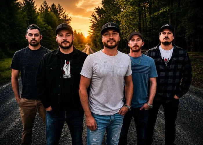 5 members of lights out band standing on paved road, trees in background, sun setting