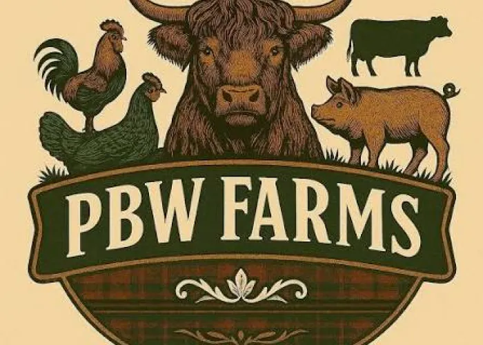 Highland cow with horns, chickens, pig, and duck image above farm name