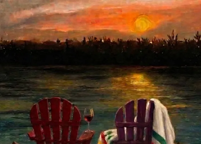 Painting of two muskoka chairs overlooking a lake with trees and a sunset in the background