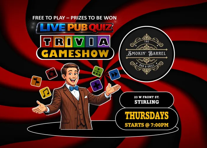 Cartoon of person in suit and bow tie, tiles representing different trivia topics around him, red swirl in background, event details
