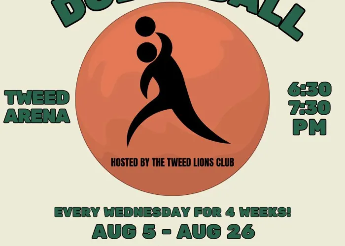 orange cartoon ball with shadow image of person holding a ball in centre, green and black writing providing event details, lions club and tweed logos
