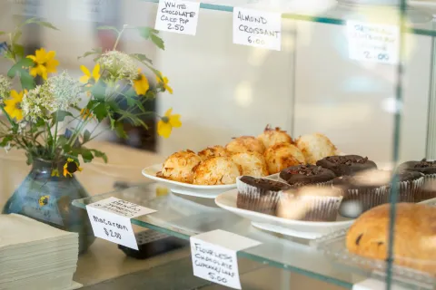 cafe shelf with baked goods